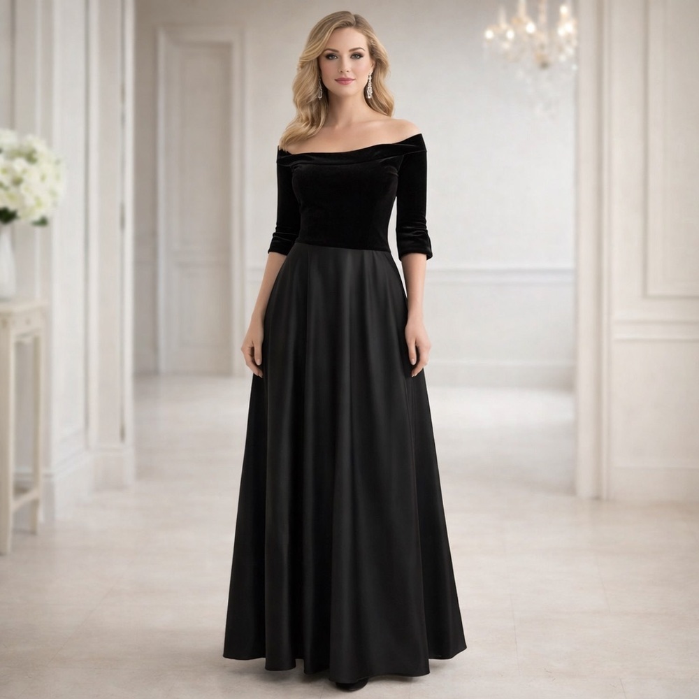 JS collections black velvet boat neck top satin skirt maxi formal dress, size 8 